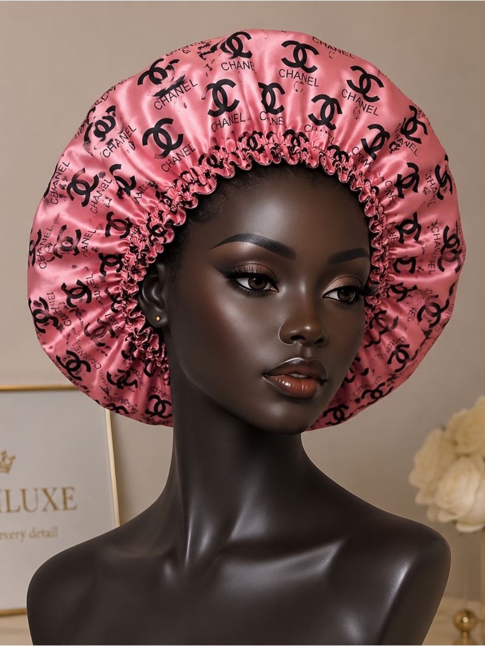 Pink and Black Logo Satin Hair Bonnet - Picture 1 of 1